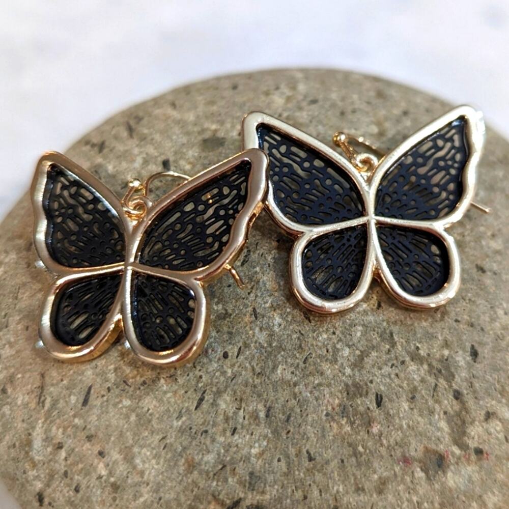 BUTTERFLY Gold and Black Filagree Style 3D Hook Earrings NEW